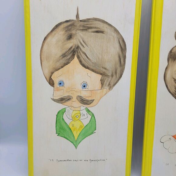 MCM Country Hand Painted Old Man & Woman Wooden 13in By 7in Portraits Set of 2 - Picture 2 of 5